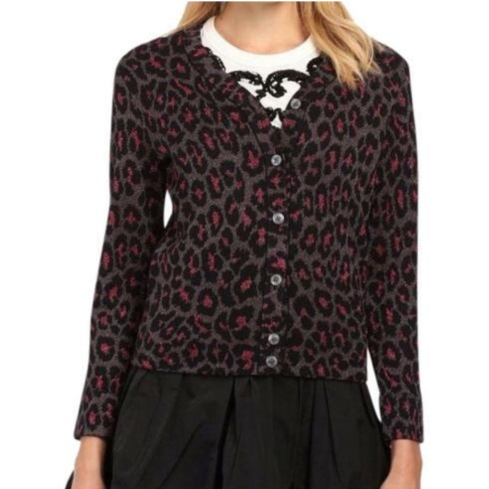 Marc by Marc Jacobs Pink Metallic Leopard Print Wool Blend Cardigan Sweater S XS